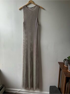 Sleeveless Zara Stretch Mesh Maxi Dress Covered in Iridescent Rhinestones